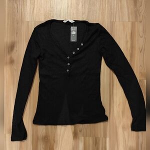 Women's Waffle Black Henley Top
